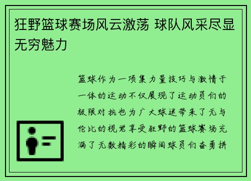 狂野篮球赛场风云激荡 球队风采尽显无穷魅力