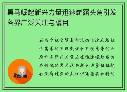 黑马崛起新兴力量迅速崭露头角引发各界广泛关注与瞩目