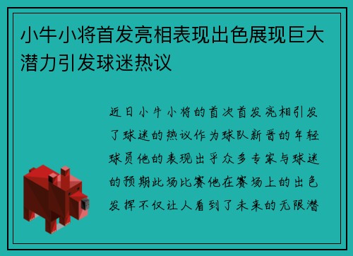 小牛小将首发亮相表现出色展现巨大潜力引发球迷热议